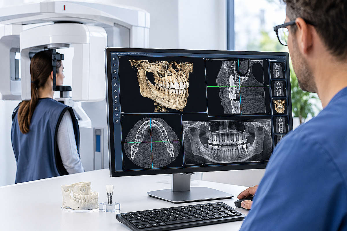 3D-Diagnostik beim Zahnarzt mit digitaler 3D-Darstellung von Kiefer und Zähnen